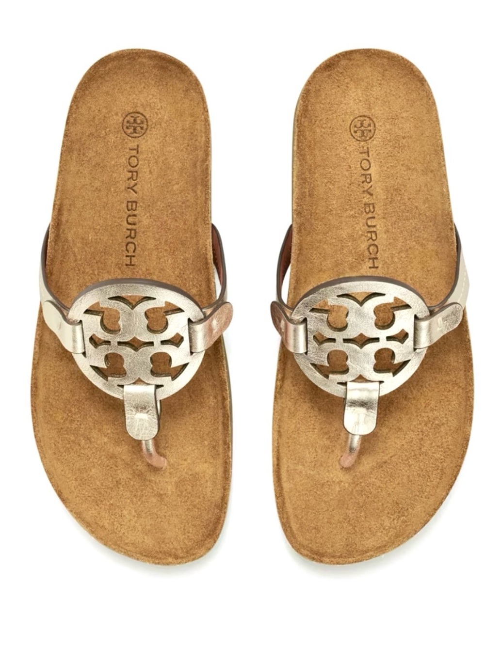 Tory Burch Metallic Silver Logo Cork Wedge Thong Sandals - Picture 2 of 12